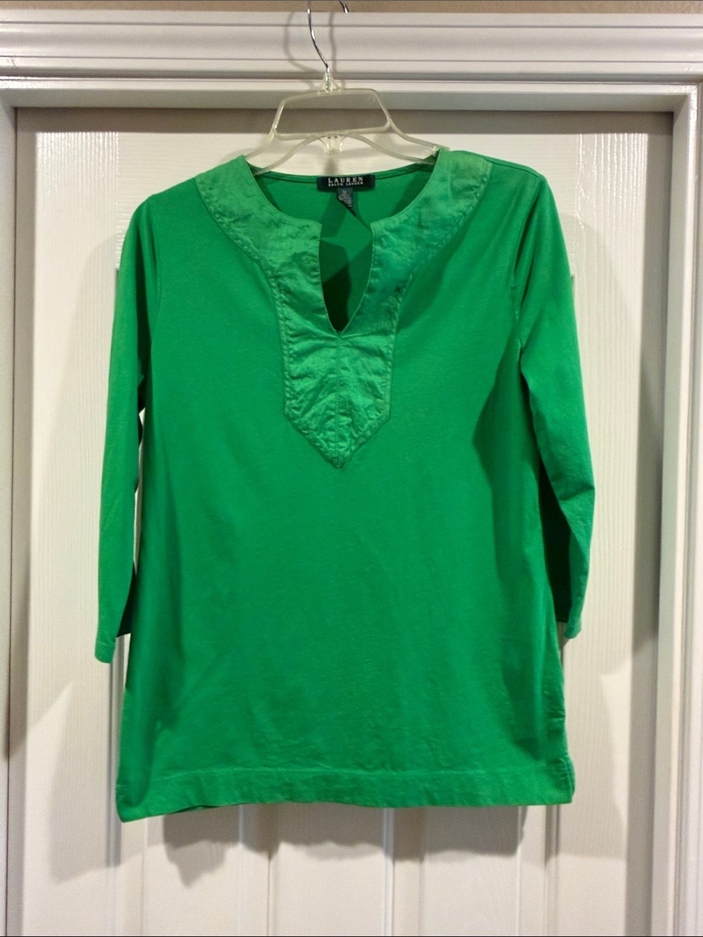 Lauren Ralph Lauren Bright Green Split V-Neck 3/4 Sleeve Tunic like new size M